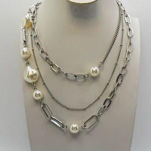 Layered Faux Pearl Chain Necklace Silver Modern Multi Chain Statement Necklace